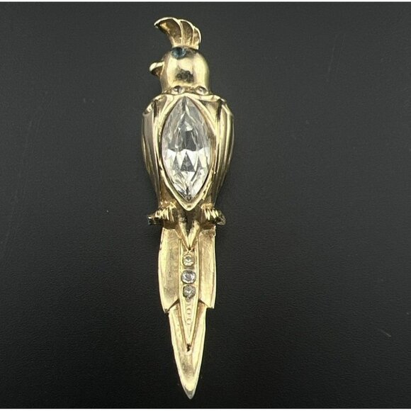 Vintage CORO Bird Fur Clip Pin Brooch BLUE Stones Perched Gold Tone "AS IS" FLAW - Picture 1 of 15